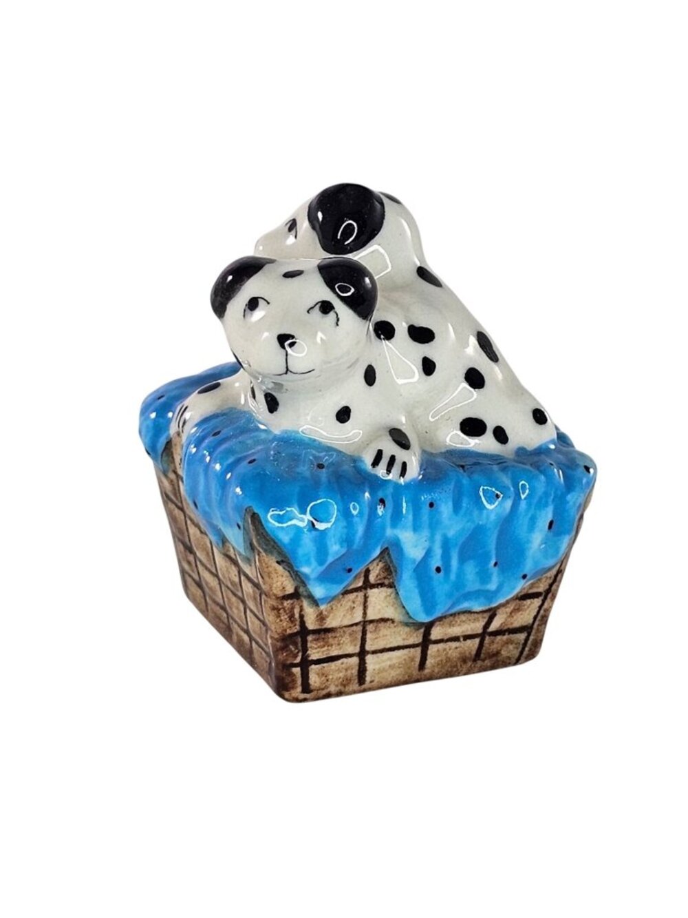 Dalmatian Puppies In Basket Ceramic Miniature Figurine Home Decor Cottagecore